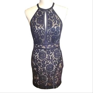BEBE | Women's black lace overlay halter evening dress. Size XS. NWT.